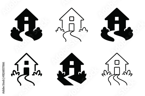 Elegant Home Logo Variations. Home exterior design and curb appeal. Icon set. Set Logo of home exterior design and curb appeal: welcoming pathway and garden.