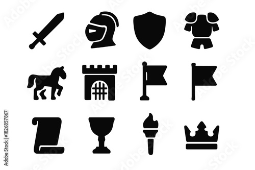 Knights Icon Set. Knights of the Realm. Solid icon set of Knights of the Realm: sword, helmet, shield, armor, horse, castle gate, banner, flag, scroll,