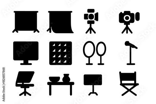 Studio Equipment Icons. Studio setup. Solid icon set of studio setup: green screen, backdrop, lighting, camera, tripod, monitor, soundproof wall, reflectors,