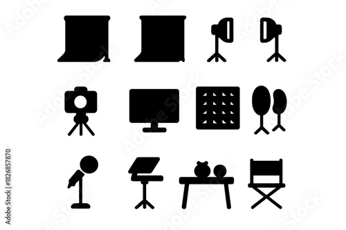 Studio Equipment Icons. Studio setup. Solid icon set of studio setup: green screen, backdrop, lighting, camera, tripod, monitor, soundproof wall, reflectors,