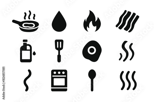 Frying Pan Icons. Sizzling fat in a skillet. Solid icon set of sizzling fat in a skillet: frying pan, droplet, flame, bacon, oil bottle, spatula, egg, smoke
