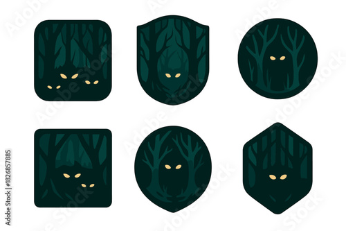 Eerie Forest Logos. A scene from a horror movie with eerie, dim lighting. Icon set. Set Logo of a horror movie scene with eerie, dim lighting: dark forest with