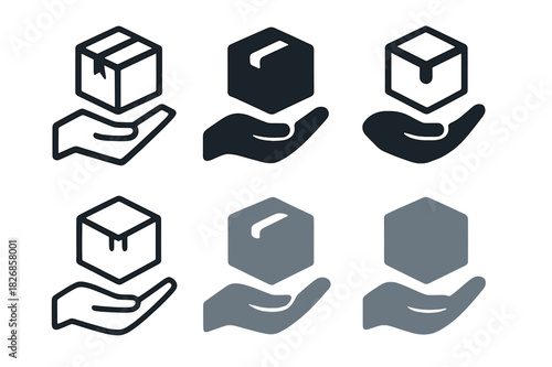 Subscription Box Logos. Subscription boxes. Icon set. Set Logo of subscription boxes: hand receiving a box. harmonious logo variations of the same emblematic