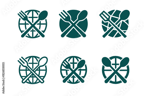International Street Food Logos. International street food and snacks. Icon set. Set Logo of International street food and snacks: globe with fork and spoon