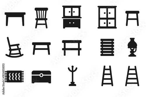 Farmhouse Furniture Icons. Farmhouse furniture. Solid icon set of Farmhouse furniture: wooden table, spindle chair, hutch, cupboard, rocking chair, bench,