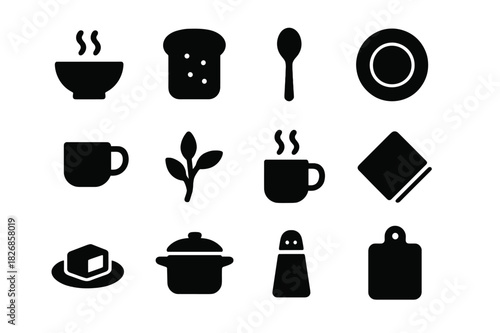 Soup and Snack Icons. Soup and Snack. Solid icon set of Soup and Snack: soup bowl, bread slice, spoon, plate, cup, herbs, steam, napkin, butter, pot, salt