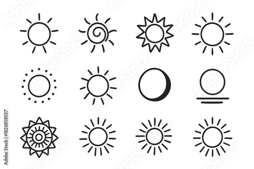 Sun Symbol Icons. Sun symbols. Line icon set of sun symbols: circle sun, spiral sun, tribal sun, geometric sun, dotted rays, wavy rays, eclipse icon, zen sun,