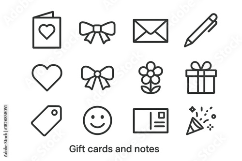 Gift Icons Outline. Gift cards and notes. Line icon set of gift cards and notes: greeting card, ribbon, envelope, pen, heart, bow, flower, gift box, tag,