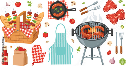 Outdoor Summer BBQ and Picnic Vector Illustration Set Grill, Sausages, Skewers, Meat Steaks, Picnic Basket, Apron, and Cooking Tools Collection..