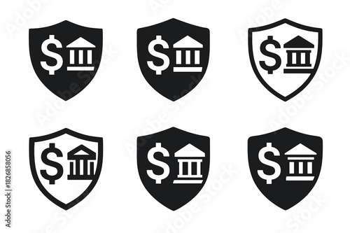 Corporate Tax Logos. Corporate tax policies. Icon set. Set Logo of corporate tax policies: shield with currency and building. harmonious logo variations of the