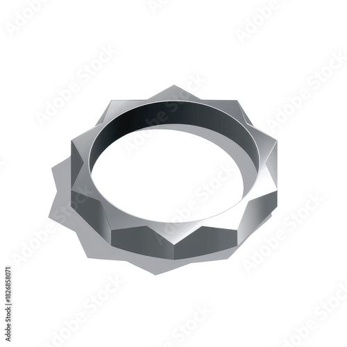 A 3D rendered, metallic, geometric object, comprised of an inner ring and a multifaceted outer perimeter. Dark background