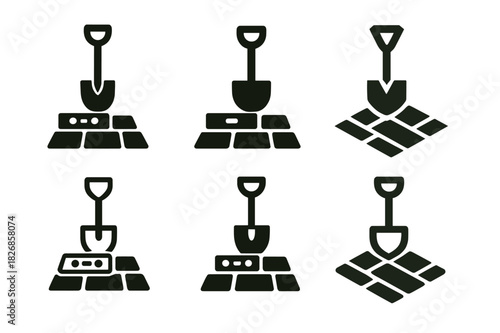 Stone Walkway Logos. Building a front walkway with stone. Icon set. Set Logo of building a front walkway with stone: shovel and level tool over pavers.
