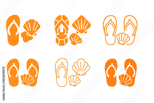 Beach Vacation Logos. Family vacation at the beach. Icon set. Set Logo of family vacation at the beach: flip-flops and seashells. harmonious logo variations of