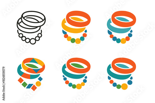 Vibrant Accessory Logos. Colorful accessories. Icon set. Set Logo of accessories: assortment of vibrant bracelets and necklaces. harmonious logo variations of