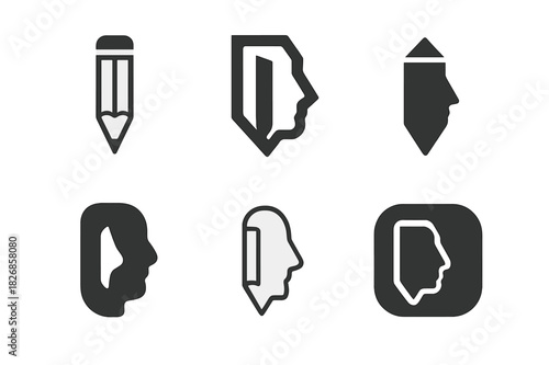Pencil Portrait Logos. Drawing a portrait with pencils. Icon set. Set Logo of Drawing a portrait with pencils: pencil and human face outline merging.