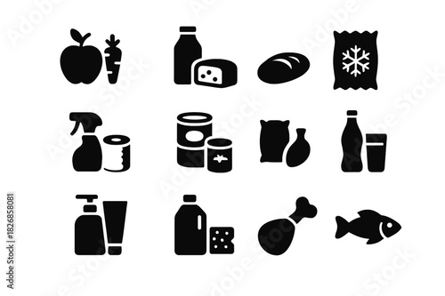 Supermarket Icon Grid. Supermarket sections. Solid icon set of Supermarket sections: produce, dairy, bakery, frozen foods, household goods, canned items,