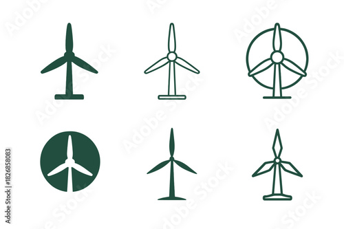 Sustainable Energy Icons. Sustainable living tips. Icon set. Set Logo of wind turbine. harmonious logo variations of the same emblematic concept (Flat solid,