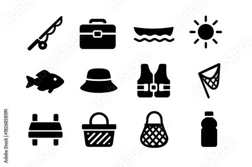 Summer Fishing Icons. Fishing on a lake with the summer sun shining. Solid icon set of Fishing on a lake with the summer sun shining: fishing rod, tackle box,
