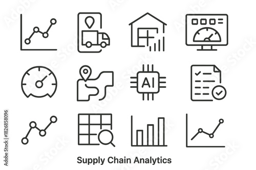 Supply Chain Icon Set. Supply Chain Analytics. Line icon set of Supply Chain Analytics: data chart, shipment tracker, warehouse graph, logistics dashboard,