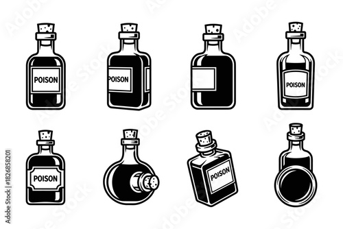 Collection of Vintage Poison Bottles with Labels.