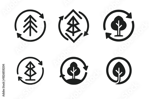 Sustainable Icon Set. Sustainable sourcing of natural resources. Icon set. Set Logo of sustainable sourcing: tree inside circular arrows. harmonious logo