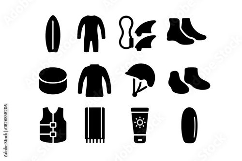 Surfing Essentials Icons. Surfing gear. Solid icon set of Surfing gear: surfboard, wetsuit, leash, fins, wax, rash guard, helmet, water shoes, life vest, beach