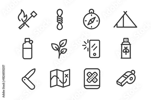 Survival Icons Set. Survival skills. Line icon set of survival skills: fire starter, rope knot, compass, shelter icon, water bottle, edible plant, signal