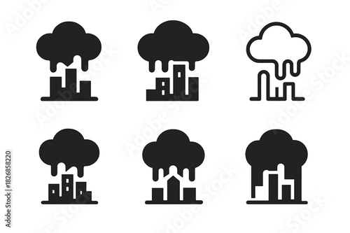 Surreal Climate Logos. Climate change visualizations in surreal art. Icon set. Set Logo of climate change visualizations in surreal art: melting clouds over