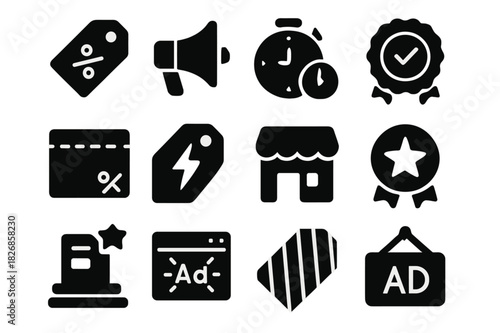 Retail Promotion Icons. Retail promotion. Solid icon set of Retail promotion: sale tag, megaphone, limited time, countdown clock, best deal, coupon icon, flash