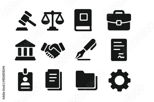 Legal Careers Icons. Legal careers. Solid icon set of legal careers: gavel, scales, law book, briefcase, courthouse, handshake, pen, contract, ID badge, paper