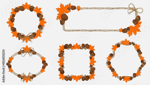 Autumn-themed decorative borders and frames featuring leaves and acorns for seasonal crafting and design projects