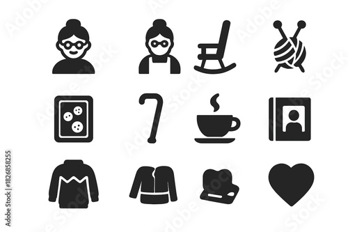 Grandma Icon Set. Grandma. Solid icon set of grandma: elderly woman, glasses, gray bun hairstyle, rocking chair, knitting needles, apron, baking tray, walking