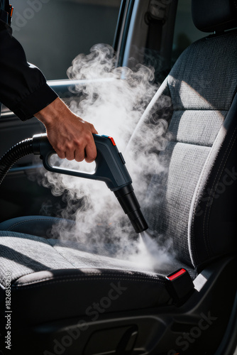 Car wash detailing process with steam cleaning for a fresh and clean interior