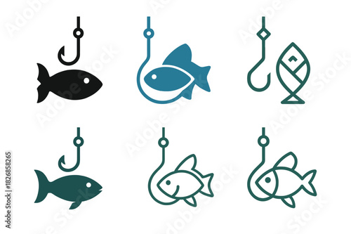 Sustainable Fishing Logos. Sustainable fishing practices. Icon set. Set Logo of sustainable fishing: fishing line with hook and fish. harmonious logo