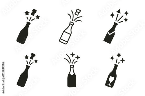 Festive Cocktail Logos. Holiday cocktail ideas for Christmas and New Year. Icon set. Set Logo of holiday cocktail ideas for Christmas and New Year: champagne