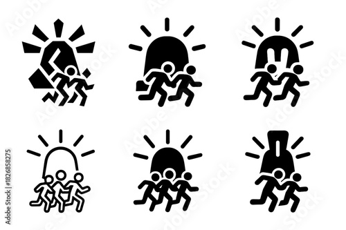 Emergency Evacuation Icons. Emergency evacuation of large groups in high-risk environments. Icon set. Set Logo of emergency evacuation of large groups in