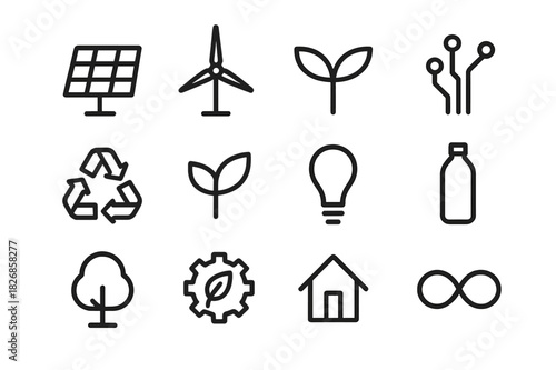 Sustainable Design Icons. Future of sustainable design. Line icon set of future of sustainable design: solar panel, wind turbine, plant sprout, circuit,