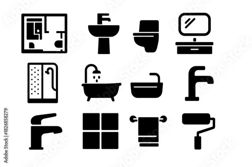 Modern Bathroom Icons. Renovating a bathroom with modern fixtures. Solid icon set of renovating a bathroom with modern fixtures: bathroom plan, modern sink,
