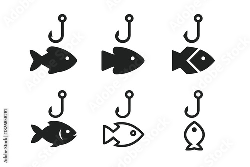 Sustainable Fishing Logos. Sustainable fishing practices. Icon set. Set Logo of sustainable fishing: fishing line with hook and fish. harmonious logo