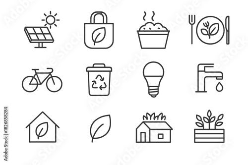 Sustainable Living Icons. Sustainable living. Line icon set of sustainable living: solar panel, reusable bag, compost pile, plant-based meal, bike icon,