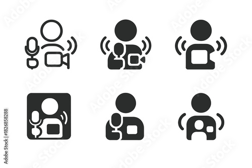 Transmitting Live Icons. Transmitting live. Icon set. Set Logo of transmitting live: person with microphone and camera. harmonious logo variations of the same