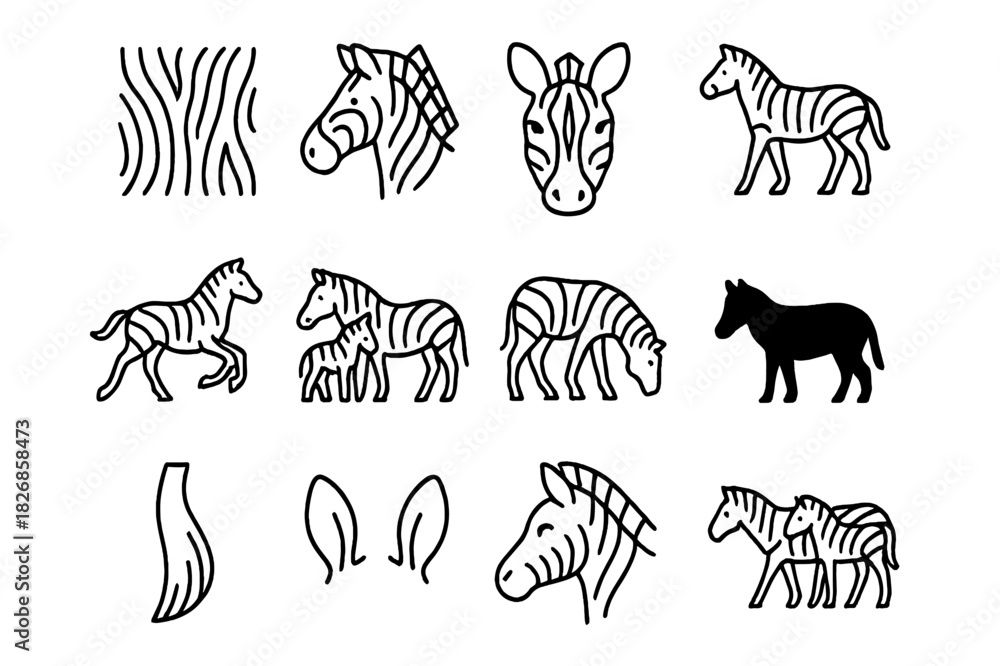 Naklejka premium Zebra Icon Collection. Zebra Pattern Icons. Line icon set of Zebra Pattern Icons: zebra stripes pattern, zebra head, zebra face close-up, standing zebra,