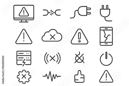 Technical Glitch Icons. Technical glitch. Line icon set of technical glitch: monitor with error, wire cut, plug disconnect, warning triangle, cloud error,