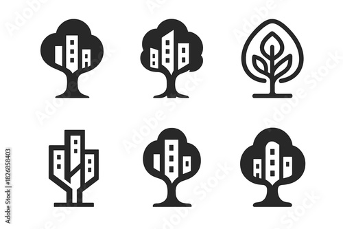 Urban Reforestation Logos. Urban reforestation. Icon set. Set Logo of urban reforestation: buildings shaped like trees. harmonious logo variations of the same