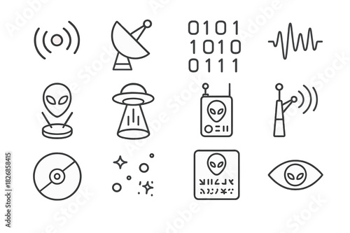 Alien Communication Icons. Alien communication. Line icon set of alien communication: signal wave, radio dish, binary code, sound pulse, holographic message,