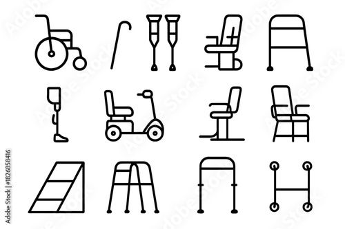 Mobility Aids Icons. Mobility Aids. Line icon set of Mobility Aids: wheelchair, cane, crutches, walker, prosthetic leg, mobility scooter, stair lift,