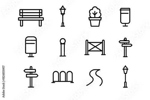 Urban Furniture Icons. Urban Furniture. Line icon set of Urban Furniture: bench, street lamp, planter, trash bin, bollard, railing, signpost, bicycle rack,
