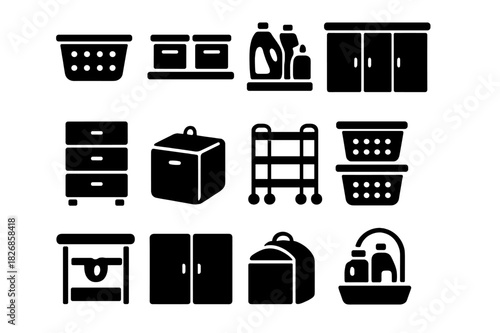 Laundry Storage Icons. Laundry storage. Solid icon set of Laundry storage: storage basket, labeled bins, detergent shelf, linen closet, drawer unit, fabric