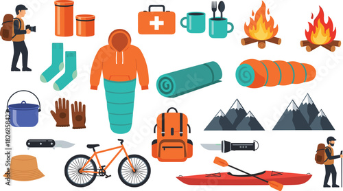Outdoor camping and adventure equipment set including backpack, sleeping bag, campfire, utensils, bicycle, kayak, mountains and essential travel gear illustration.