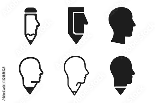 Pencil Portrait Logos. Drawing a portrait with pencils. Icon set. Set Logo of Drawing a portrait with pencils: pencil and human face outline merging.